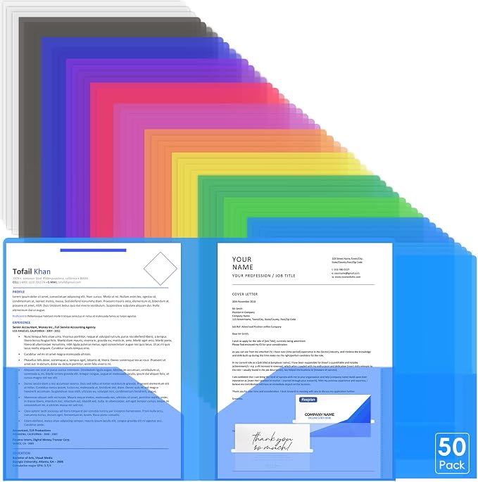 50 Pack Plastic Folders with 2 Pockets, Letter Size, 12 Colors | Polypropylene by Unknown