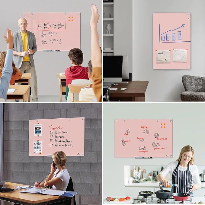 TSJ OFFICE Glass Dry-Erase Board - 36 x 24 Inches Wall Mounted Magnetic Whiteboard, Large Frameless Glass White Board for Office, Home & School, Pink-DeskLoop Office