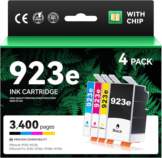 923 923e Ink Cartridges with chip Printers 4-Pack High Yield Black Cyan Magenta Yellow Replacement for HP 923 923e 923XL Ink Compatible for OfficeJet Pro 8135e 8138e 8139e 8122e 8120 8123 8130 8133-DeskLoop Office