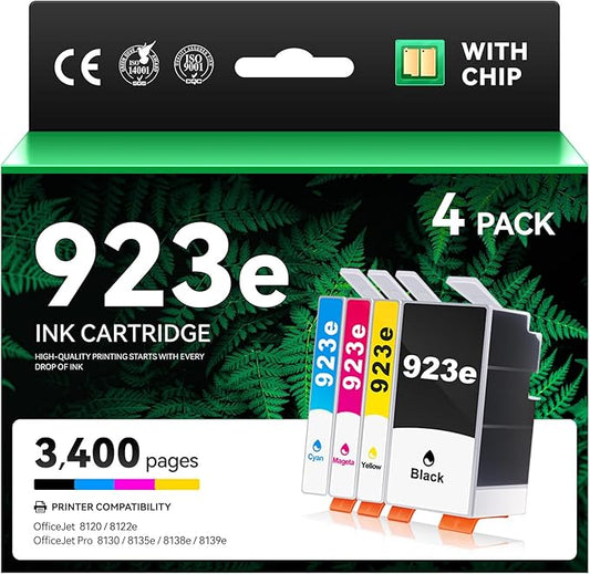 923 923e Ink Cartridges with chip Printers 4-Pack High Yield Black Cyan Magenta Yellow Replacement for HP 923 923e 923XL Ink Compatible for OfficeJet Pro 8135e 8138e 8139e 8122e 8120 8123 8130 8133-DeskLoop Office