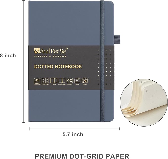 &And Per Se Dotted Journal Notebook Set, A5 Hardcover Dotted Journal (Dark Blue), 6 Fineliner Pens, 8 Sticker, 5 Stencil Sheets & 6 Washi Tapes, Journaling Supplies for Planner Schedule-DeskLoop Office