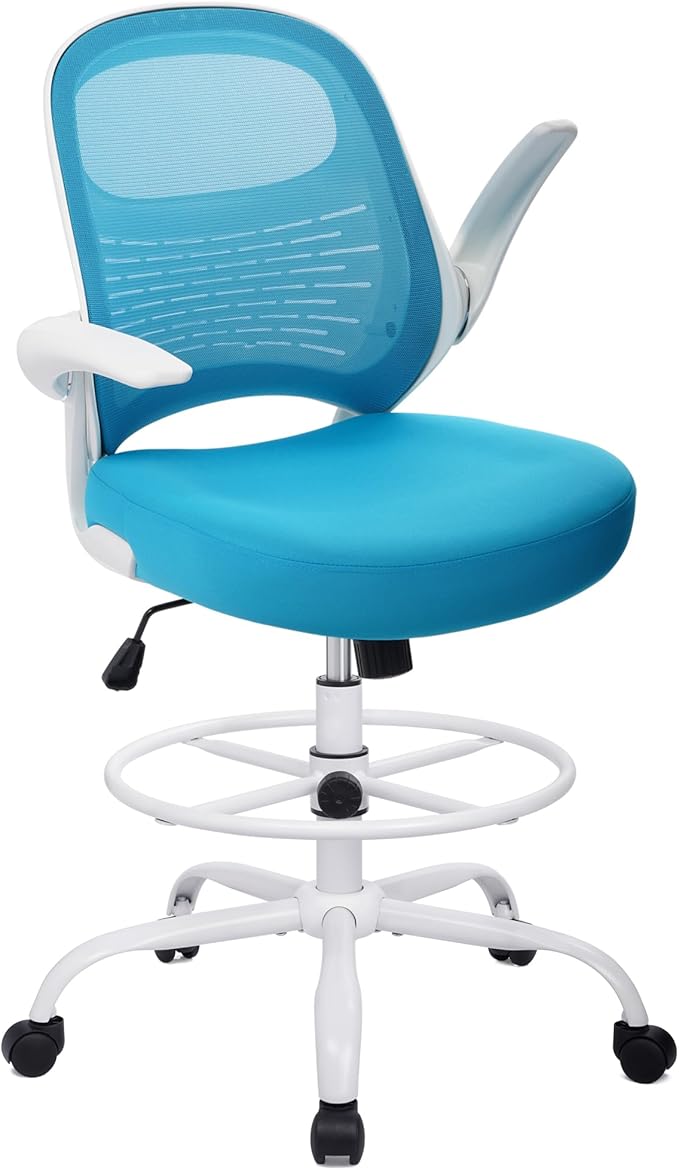 HYLONE Tall Drafting Chair Standing Desk Chair with Flip-Up Armrests, Adjustable Height Ergonomic Office Chair with Footrest Ring - High Stool Chair for Standing Desk (Blue)-DeskLoop Office