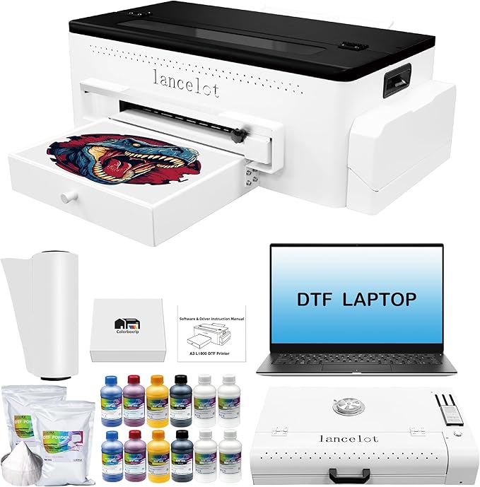 Lancelot A3 L1800 DTF Printer,T Shirt Maker Machine with Roll Feeder,DTF Laptop,White Ink Circulation,Fabric Transfer Printing Machine for Small Business(Printer+Software+Computer+Consumables)-DeskLoop Office