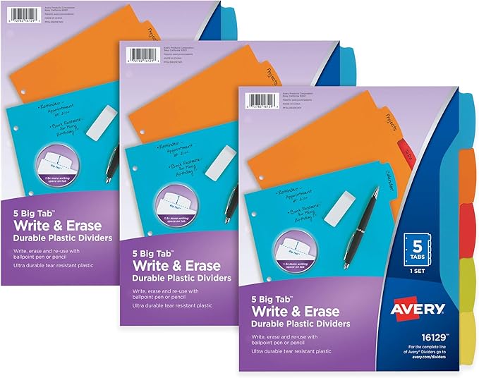Avery Big Tab Write & Erase Durable Plastic Dividers, 5-Tab Set, 3 Sets by Avery