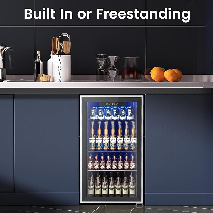 26 Bottle Wine Cooler 130 Can Beverage Refrigerator, Small Freestanding Cabinet Wine Cellar with 40℉-61℉ Temperature Control Glass Door, Black-DeskLoop Office