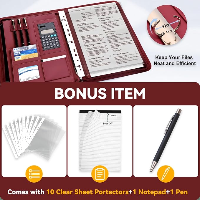 Leathario Portfolio Binder, Includes 5 Sheet Protectors and a Pen, 13 Inch - Image 2