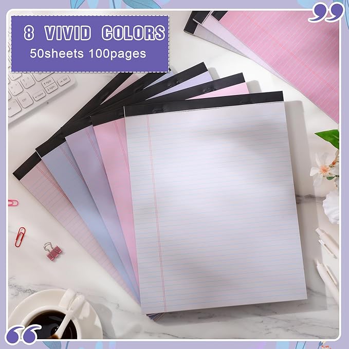 Fuutreo 8 Pcs 8.5'' x 11'' Colored Legal Pad Writing Pads Narrow Ruled 50 Sheets Per Notepad Perforated Writing Notepad Office Supplies for College Office Business (Taro Color)-DeskLoop Office