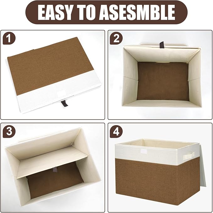 Large 17" 42 Quarts Collapsible Stackable Storage Bins with Lids [3-Pack] Foldable Fabric Linen Storage Boxes Cube, Closet Organizer Baskets with Label for Home (16.7 x 12 x 12", Brown & White)-DeskLoop Office