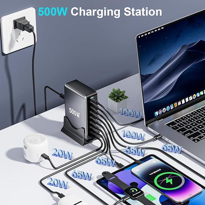 500W USB C Fast Charger Block, 8 Port USB Charging Station, GaN Ⅲ Pro Double 100W PD PPS Port Fast Charging Station for Multiple Devices,Laptop Wall Charger Compatible with MacBook/iPhone 16/iPad etc-DeskLoop Office