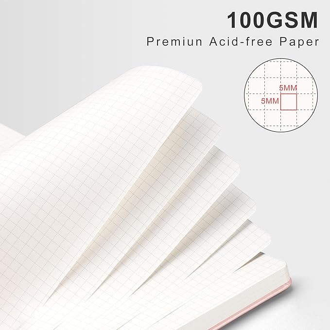 RETTACY Graph Grid Paper Notebook, 110 Pages, A4 Large Size (8.5'' × 11''), 5 Squares per Inch, Leather Hardcover, 100 GSM Thick Paper, for School, Students, Math, Engineering (Rose Gold)-DeskLoop Office