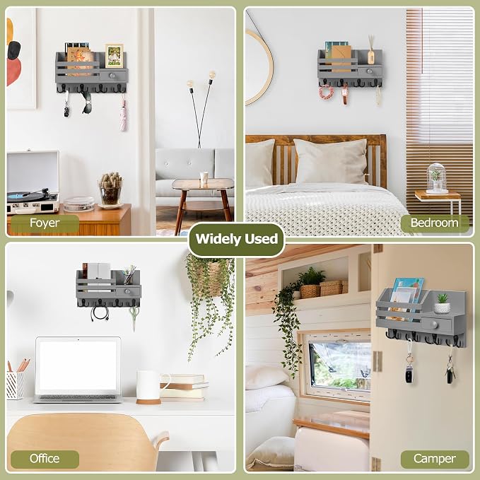 Key Holder Wall Mount, Wooden Adhesive Mail and Key Organizer - Image 6