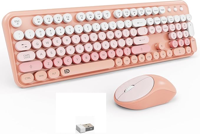 Wireless Keyboard and Mouse Combo, 105 Round Keys Full-Size Cute Colorful Pink Cordless Keyboard and Mouse with Retro Typewriter for PC/Mac/Laptop/Tablet/Computer/Windows Pink-DeskLoop Office