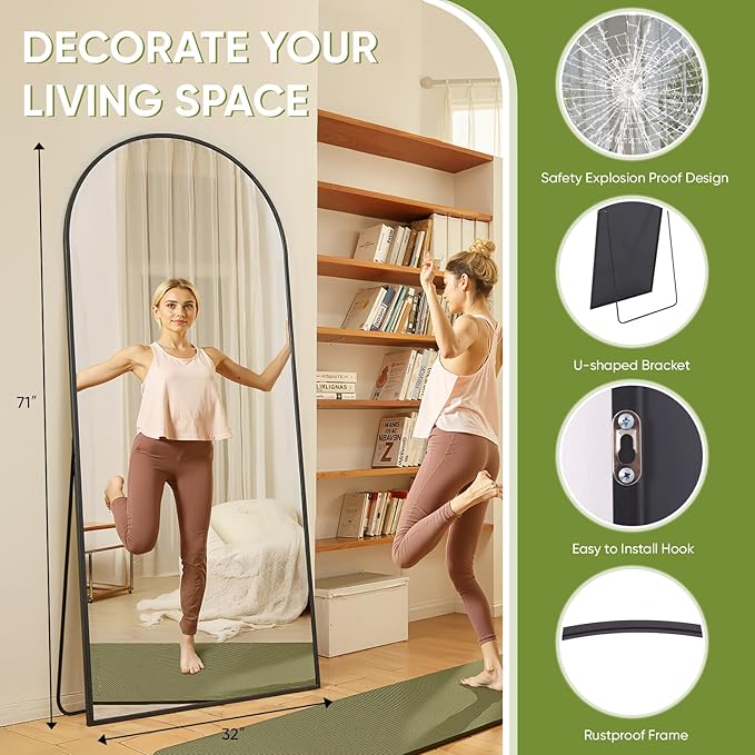 Full-Length Floor Mirror with Stand, 71"x32" Arched Style Full Body Standing Mirror for Bedroom, Living Room, Gym, Dorm - Shatter-Resistant & Easy Assembly, Black-DeskLoop Office