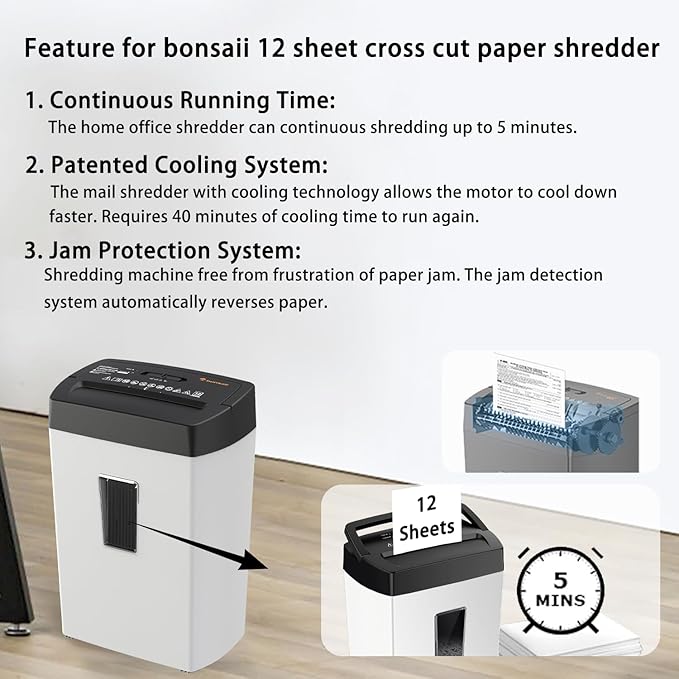 Bonsaii 12-Sheet Cross Cut Shredder, P-4 High Security, 5.5 Gal, Heavy Duty for Home Office, Shreds Paper, Credit Card, Mail, Staples, with Transparent Window, White & Black (C275-A)-DeskLoop Office