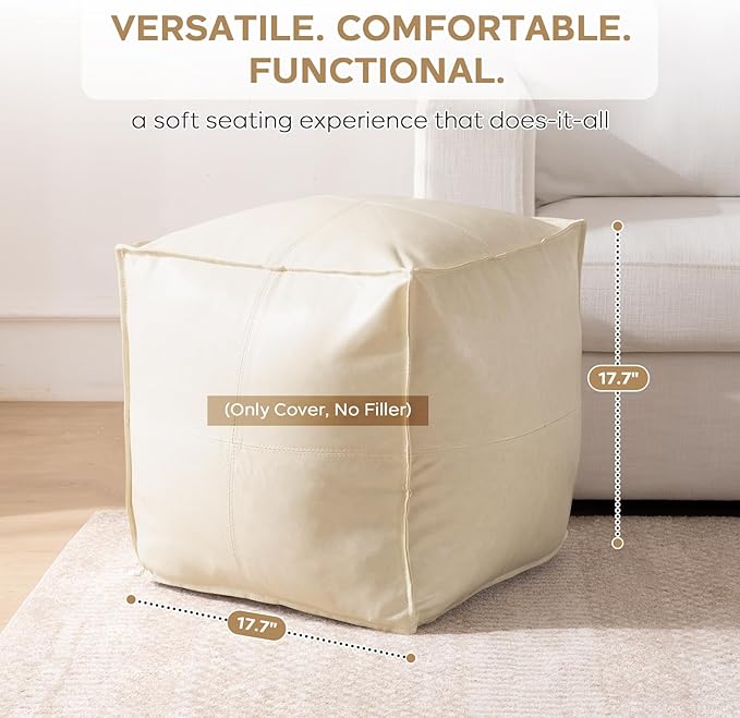 17.7" Square Unstuffed Pouf Ottoman Cover, Pu Leather Poufs Cube Foot Stool Poofy Ottomans Footrest, Decorative Casual Footstool for Living Room, Perfect to Rest Your Feet, Only Cover No Filler, Beige-DeskLoop Office