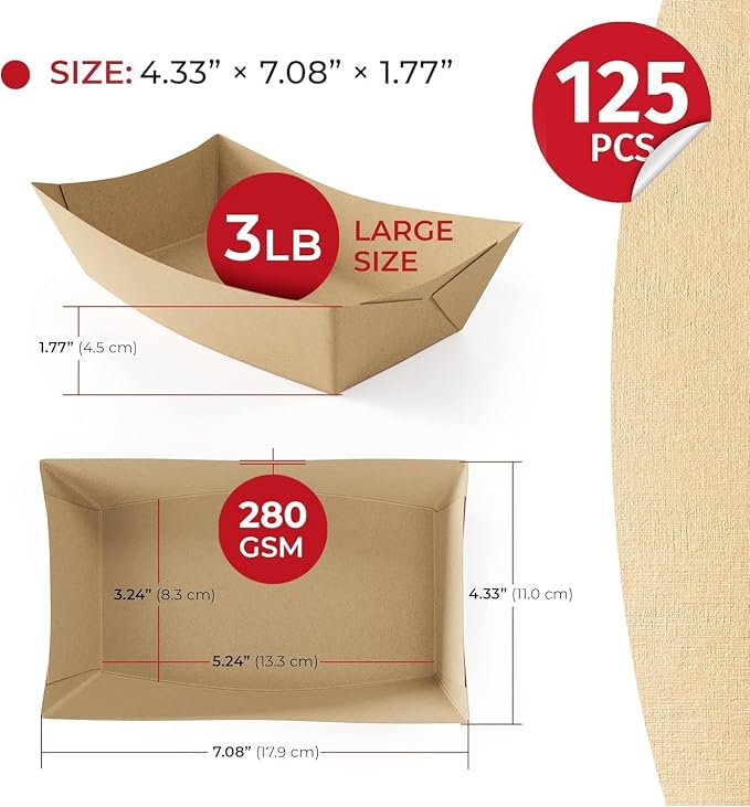 SPARGOS Kraft Paper Food Boats 3lb – Rustic Brown Disposable Serving Trays - Image 2