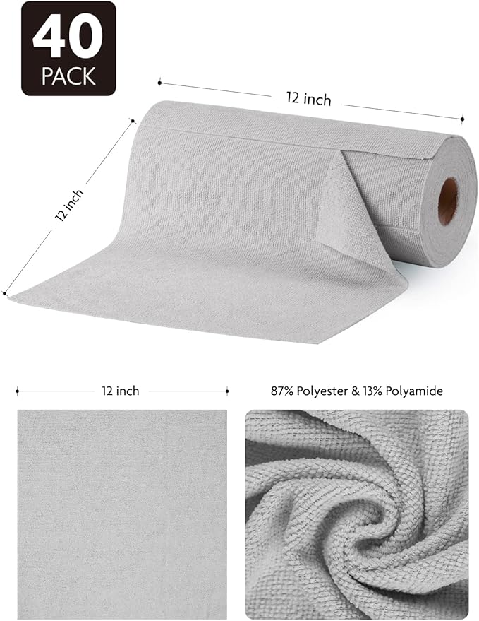 Fantasticlean Microfiber Cleaning Cloth Roll -40 Pack, Tear Away Microfiber Towels, 12" x 12", Reusable, Washable, Scratch Free, Ultra Absorbent Dish Rags for Car, Home, Garage or Shop (Grey)-DeskLoop Office