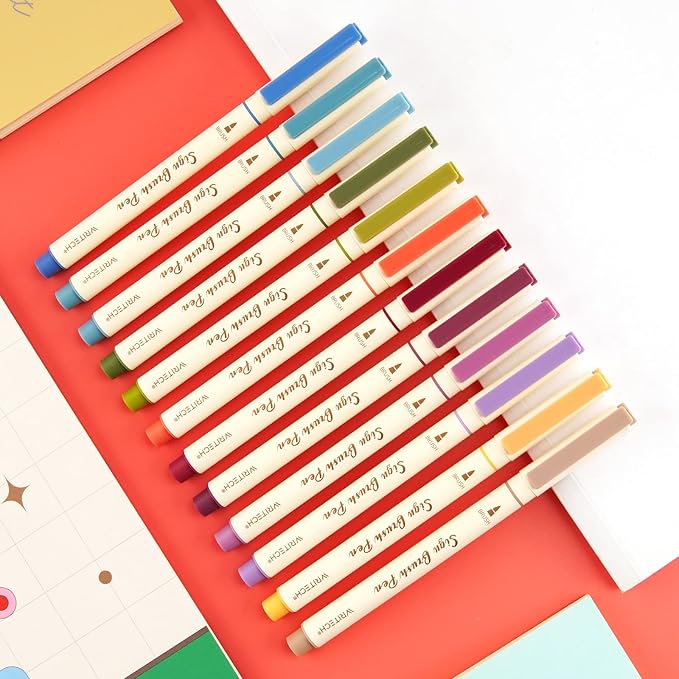 WRITECH Arts Sign Brush Pen Brush Tip Marker Felt Tip Water Based Ink Color Pens 12 Assorted Vintage Colors Great for Lettering Journaling Calligraphy (Vintage)-DeskLoop Office