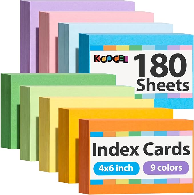 Koogel Index Cards 4x6, Colored Large Index Cards Blank on Both Sides by KOOGEL