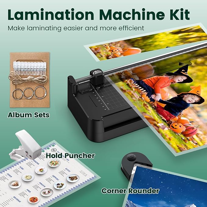 Laminator Machine with 40pcs Laminating Pouches Sheets, 9 in 1 Laminator 13-inch Wide Thermal &Cold Machine Built-in Paper Trimmer Corner Rounder Hole Punch for Home Office School (Black)-DeskLoop Office