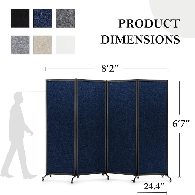 Upgrade Version Room Partition and Divider, Freestanding Rolling Dividers with Wheels,Office Privacy Screen Divider Wall,Classroom Felt Dividers,8'2"L* 6'7"H,4 Panel，Blue-DeskLoop Office