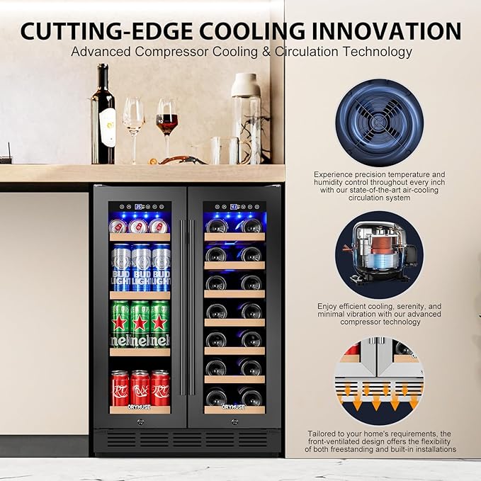 24" Dual Zone Wine & Beverage Refrigerator – Under Counter Cooler with Upgraded Cooling & Blue LED Light, Hold 20 Bottles and 88 Cans Large Capacity Wine Fridge, Built-In or Freestanding – Black-DeskLoop Office