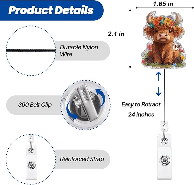 Funny Badge Reel, Cute Highland Cow Retractable ID Card Badge Holder, Name Tag - Image 5