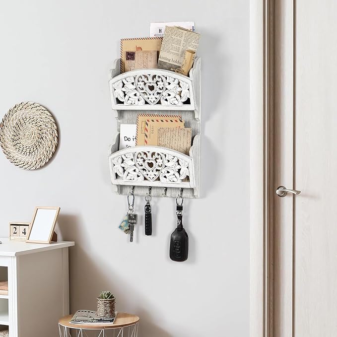 Mail Organizer with Key Holder, 2-Slot Mail Holder with 4 Key Hooks - Image 5