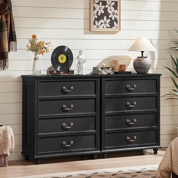 Farmhouse 4 Drawer Dresser Set of 2 for Bedroom, 37" Tall Rustic Chests of Drawers w/ 4 Solid Wood Feet, Mid Century Vintage Wooden Closet Storage Dressers Organizer for Living Room, Black-DeskLoop Office