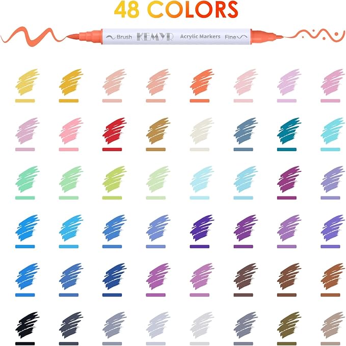 48 Colors Brush & Fine Tip Acrylic Paint Pens, Dual Tip Acrylic Paint Markers for Paper, Wood, Canvas, Stone, Rock, Glass, Fabric, DIY, Ceramic, Art Supplies for Kids and Adults Drawing-DeskLoop Office