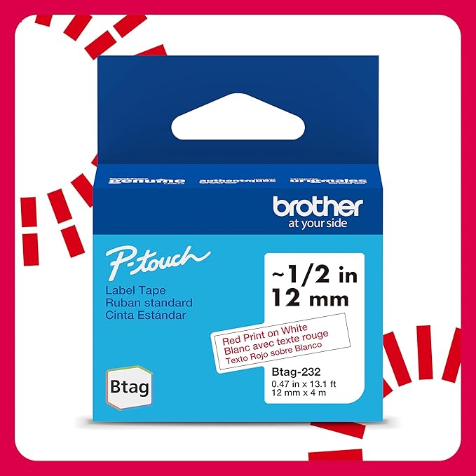 Brother Genuine P-Touch Btag BTAG232 Red on White Label Tape ~1/2in by 13.1ft. by Unknown