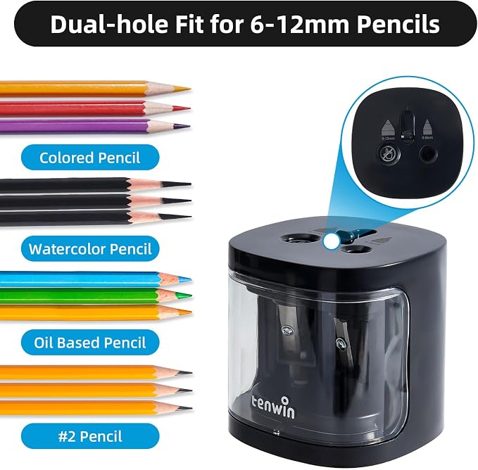 tenwin Electric Pencil Sharpener, Dual Hole Pencil Sharpeners Battery Powered - Image 2