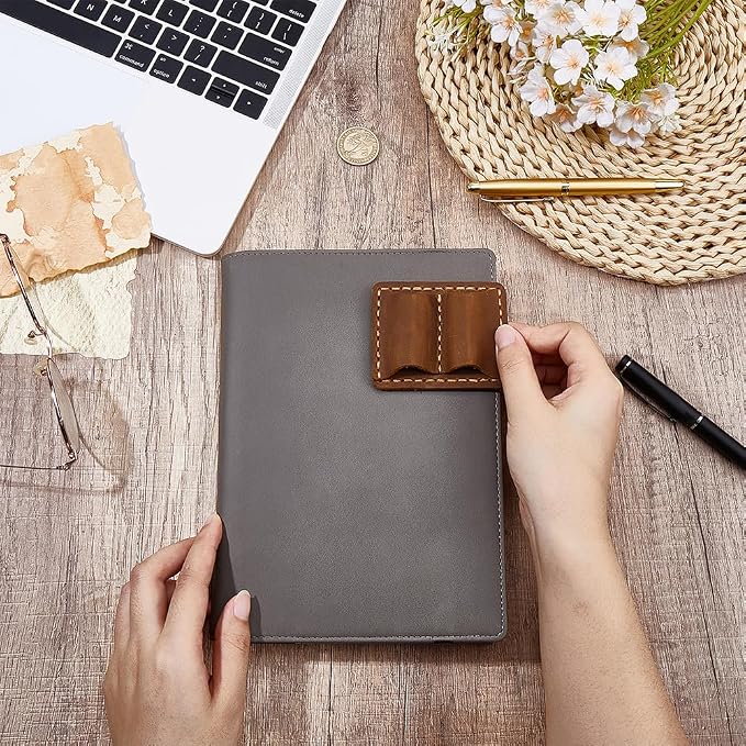 CRASPIRE Handmade Leather Pen Holder Clip Brown Notebook Double Slots Pens Loop - Image 3