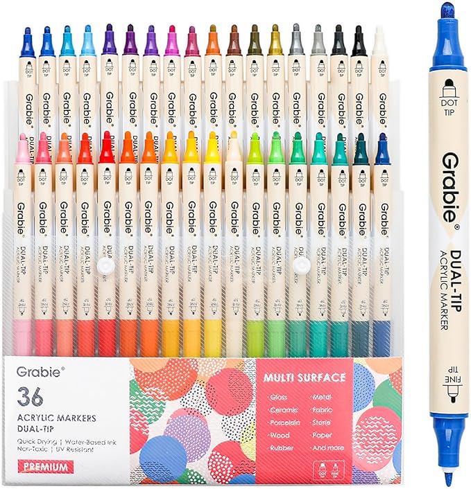 Grabie 36 Dual Tip Acrylic Paint Markers, Acrylic Paint Pens, Fabric Markers for Fabric, Canvas, Rock, Glass, Wood, Paper, DIY, Canvas DIY Art Supplies Kit-DeskLoop Office