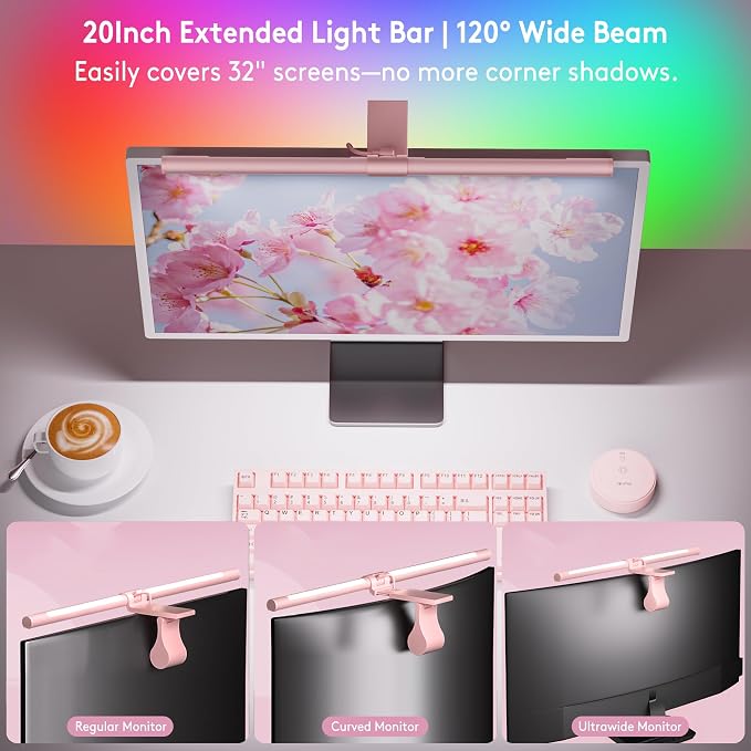 Quntis 20" Pink RGB Monitor Light Bar, 15 Gaming Backlight Modes, Eye-Care No - Image 6