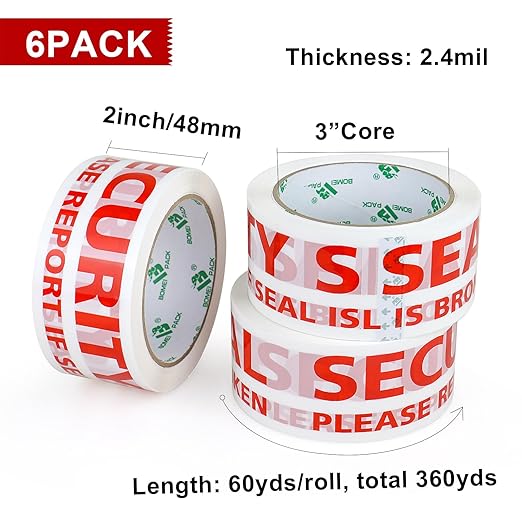 BOMEI PACK Security Seal Tape, Please Report if Seal is Broken Printing Packing Tape with Dispenser, 2.4mil 2inch x 60yds, 6Rolls Heavy Duty Fragile Tape Refills for Shipping, Moving and Sealing-DeskLoop Office