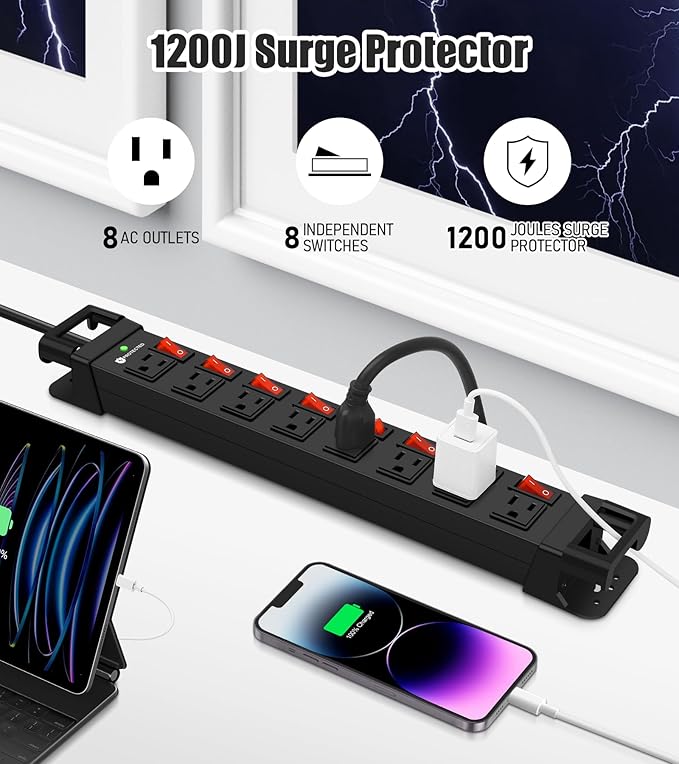 Heavy Duty Power Strip with Individual Switches,8 Outlets 14 Gauge Industrial Shop Garage Metal Multiple Outlets,1200J Surge Protector Mountable Power Strip,6FT Extension Cord Management(Black)-DeskLoop Office