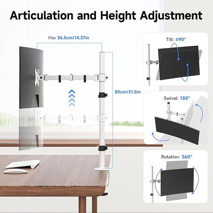 Suptek Single Monitor Arm Desk Mount Fully Adjustable Monitor Stand for 1 / One Screen up to 32 inch Extra Tall 31.5 inch Pole,White (MD6821W)-DeskLoop Office