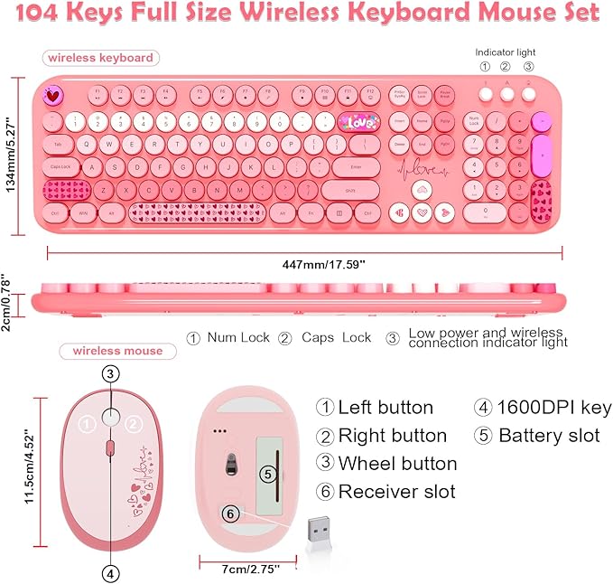 Wireless Keyboard and Mouse,MOFII 104 Round Keys Lovely Full-Size Cute Colorful Keyboard and Mouse with Retro Typewriter for PC/Mac/Laptop/Tablet/Computer/Windows Pink-DeskLoop Office