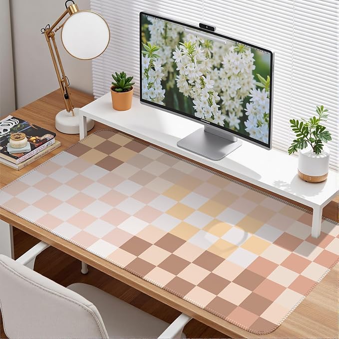 Checkered Boho Desk Mat Beige Pink Mouse Pad XXL Pastel Retro Large Mouse Pad - Image 3