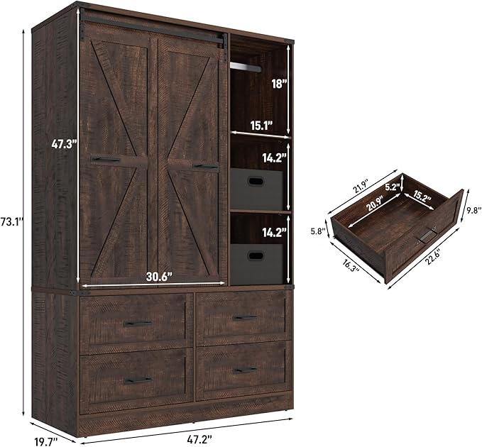 Farmhouse 3 Doors Armoire Wardrobe Closet w/Folding Sliding Barn Door and Lights, LED Armoire Closet w/Drawers for Bedroom, Freestanding Wooden Wardrobe Storage Closets w/Hanging Rod,Rustic Brown-DeskLoop Office