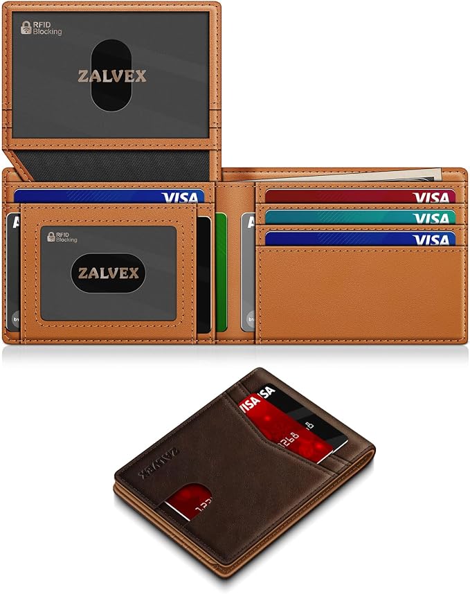 Wallet for Men Slim RFID Blocking Leather Credit Card Holder Wallet for 14 Cards by ZALVEX