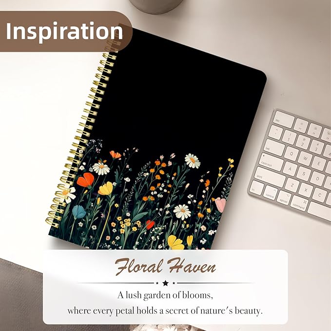 Cute Spiral Notebook journal B5 Aesthetic Pretty Design for Women Girls Kawaii with Pocket, 10 x 7.2 inch, Lined, Black Flower-DeskLoop Office