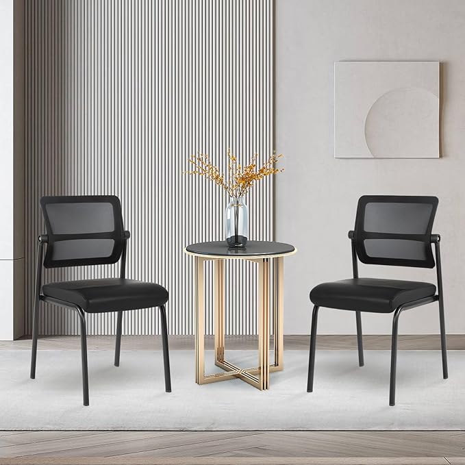CLATINA Stackable Waiting Room Chair with Adjustable Mesh Backrest, Armless Office Guest Reception Chairs with Leather Cushion and Ergonomic Lumbar Support for Conference Lobby Side School, Black-DeskLoop Office