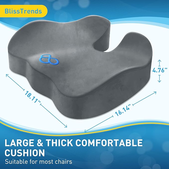 BlissTrends Seat Cushion,Thick Memory Foam Cushions for Office Chair, Car Seat, Airplane, Relieving Pressure Tailbone Sciatica Back Pain for Office Workers, Car Drivers 4.7in Thick LightGrey-DeskLoop Office