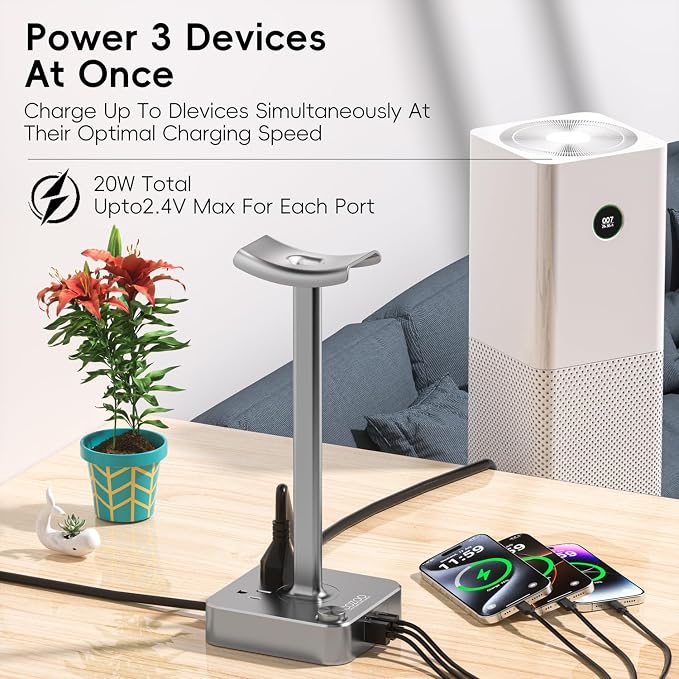 Headphone Stand with PD Fast Charger & QC3.0, Gaming Headset Holder with 3 USB - Image 6