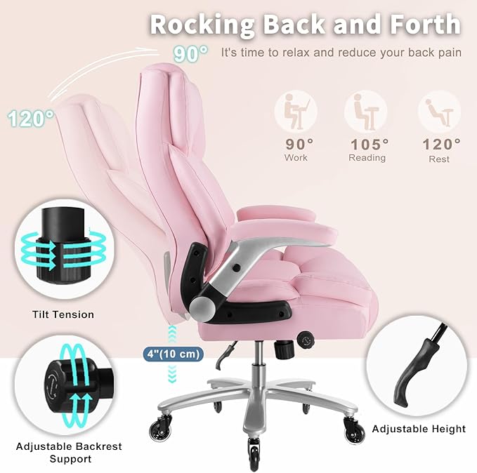 Big and Tall Office Chair 600lbs, Heavy Duty Executive Office Chair for Heavy People, Pink High Back Office Leather Ergonomic Chair with Adjustable Armrests and Lumbar Support for Computer Desk Chair-DeskLoop Office