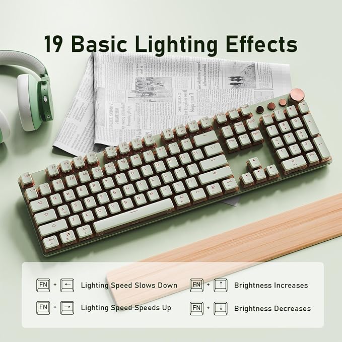 EWEADN V20 Wired Mechanical Keyboard, 104 Keys Backlit LED Keyboards, Media Control Knob, Wired Computer Keyboard Pink Switch for Windows/Mac/PC-Matcha Green-DeskLoop Office