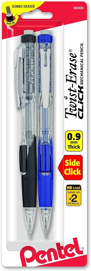 Pentel Twist-Erase CLICK Mechanical Pencil, 0.9mm CLEAR Barrel, 2 Pack by PentelofAmerica