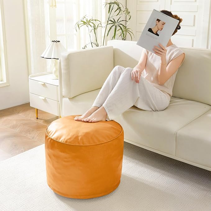 HIGOGOGO Round Stuffed Pouf Ottoman, Pu Leather Poufs - Image 4